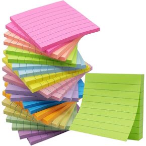 (24 Pack) Lined Sticky Notes 3x3 in Post Ruled Stickies Super Sticking Power Memo Pads,12 Bright Multi Colors Sticky Notes with Lines Self-Stick Note Pads