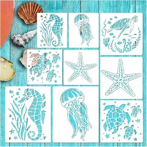 Ocean Stencils for Painting On Wood Turtle Seahorse Starfish Jellyfish Templates for Art Crafts Plastic Reusable Wood Burning Stencils for Wall Canvas (Sea)