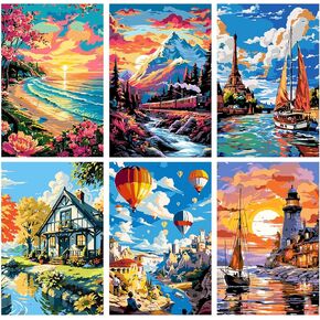 MISCER 6 Pack Paint by Numbers Kit for Adults Beginner,Landscape Paint by Number Kits, DIY Acrylic Oil Painting Suitable for Home Decoration (8 * 12 Inch)