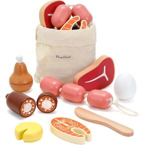 PairPear Wooden Toys Play Food Sets for Kids Kitchen, Kids Toy Food Cutting Meat Set for Toddlers 3+ Years Old, Pretend Food Play Kitchen Accessories for Girls and Boys