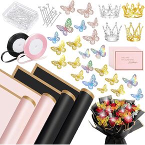 202 PCS Bouquet Wrapping Paper Kit, 40 Sheets Waterproof Flower Wrapping Paper, Floral Paper Wrap with 2 Ribbons 4 Crowns 36 3D Butterflies 100 Flower Pins 20 Cards for Valentine Wedding Birthday