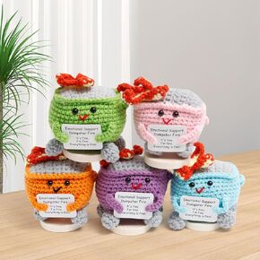 5pcs Emotional Support Dumpster Fire Crochet, Funny Handmade Dolls with Positive Cards, for Friends Birthday Office Car Home Decor (Blue, Orange, Pink, Green, Purple)