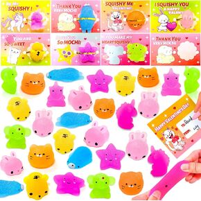28 Pack Valentine's Day Cards for Kids Filled Animals Glitter Mochi Squishies Toys Fidget Stress Relief Toys Squeeze Toys Valentines Day Gifts for Kids Classroom Exchange Prizes Gifts Party Favors