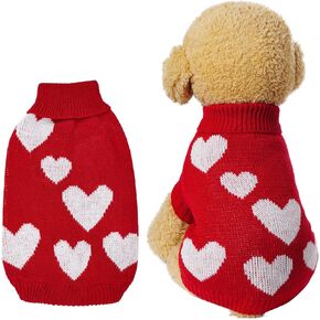 Knitted Dog Sweater Heart Puppy Sweater Winter Warm Pullover Turtleneck Knitwear Pet Holiday Clothes for Small Dogs and Cats (Red, Small)
