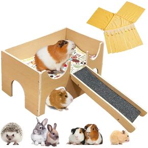 Large Guinea Pig Hideout, Upgraded Wooden Guinea Pig Castle, 15 x 9 x 7 in Small Animal Houses Habitats Hut with Stairs and Hideaway Cage Accessories for Hamsters Bunny Rabbit Hedgehogs Rat