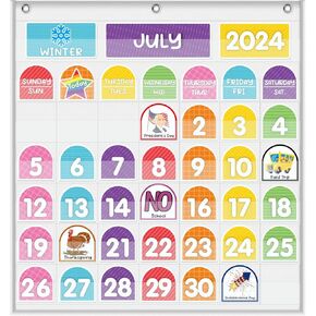 Calendar Pocket Chart, Kids Calendar, Calendar with 96 Colorful Cards, Wall Mounted Calendar Pocket Chart, for Home or Kindergarten Children and Elementary Classroom (English)