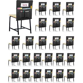 24 PCS Chair Pockets for Classroom,20"x17" Large Chair Pockets,Student Chair Pockets k-2, seat Sacks for Classroom Chairs with Name Tag 24,for Classroom School Home Kindergarten Black