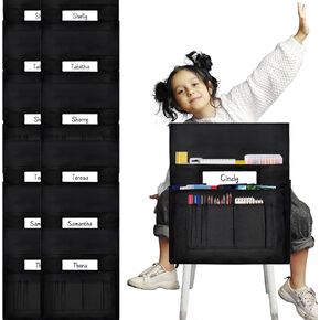 12 Pcs Classroom Chair Pockets, 18.5 x 15.3 inch Black Chair Pockets For Classroom, Seat Sacks for Classroom Chairs, Buddy Pocket, Chart Seat Back Organizer with Name Tag