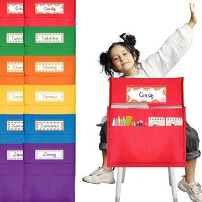 12 Pcs Classroom Chair Pockets, 15.9 x14.8 inch Chair Pockets for Classroom, 6 Bright Color Seat Sacks for Classroom Chairs, Buddy Pocket, Chart Seat Back Organizer with Name Tag