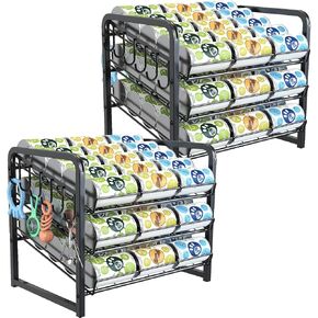 Rolling Dog Food Can Storage Containers, 3 Tier Dog Food Can Organizer with Hooks, 2 Pack Pet Food Can Storage Holds Upto 72 Cans, Stackable Canned Rack Dog Food Container for Pantry Kitchen Cabinet