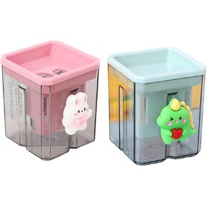 2pcs Creative Cute Cartoon Double Hole Pencil Sharpener, Student Hand Pencil Sharpener, Green Dinosaur + White Rabbit