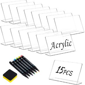 15 Pcs Acrylic Mini Chalkboard Labels for Food, 5X3 Inch Food Label Table Sign Cards, Mini Chalkboard Labels, Reusable Buffet Displays, Bright White, Includes 6 Liquid Chalk Markers