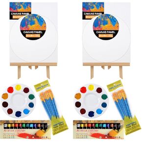 52 Piece Acrylic Paint Canvas Set, Professional Painting Supplies Kit with 2 Wood Easel,2 * 12Colors,2 * 10 Brushes,Circular Canvas Etc,Premium Paint Kit for Kids,Students, Artists and Beginner