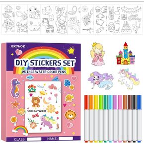 Jekohor Kids Stickers Painting Kit ，Arts and Crafts for Kids Ages 4-8, DIY 57 Patterns Cute Stickers for Kids with 12 Water Color Pens Art Supplies for Girls Classroom,Home, Party，Holidays
