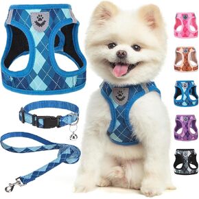 SCENEREAL Dog Harness Collar and Leash Set, Step-in No Pull Pet Vest Harnesses for Small Medium Dogs Puppy Cats, Soft Mesh No-Chock Reflective Vest Harness for Outdoor Walking Running, Blue Plaid S