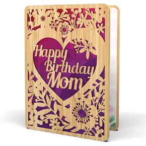 Happy Birthday Card For Mom - | Made From Real Bamboo | 6" X 4.5" - 1 Pack (Envelope Included) | Laser Cut, Floral Birthday Card for Mom from Daughter or Son.
