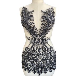 PLune Large Size Handmade Rhinestones lace Trim Patches sew on Beads Appliques for Wedding Party Evening Dress Accessories 26X14inches (Silver)