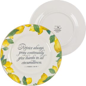 Christian Art Gifts Round 9" Decorative White Ceramic Salad & Dessert Plate for Home & Kitchen: Rejoice Always Inspirational Bible Verse, Food Safe Novelty Kitchenware, Gold Rim, Bright Yellow Lemons