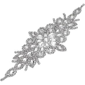 FINGERINSPIRE Silver Glass Rhinestone Applique Patch 9.5x3.5inch Crystal Rhinestone Applique Iron On Patches Flower Wedding Belt Applique Hotfix Rhinestone Patch Sewing Rhinestone Applique for Dress