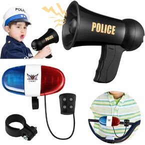 Kathfly Police Accessories for Kids Include 1 Bike Siren Sound Light 1 Toy Police Officer's Megaphone LED Bike Horn for Christmas Birthday Gift, 6 LED Lights 4 Sounds, Battery Not Included