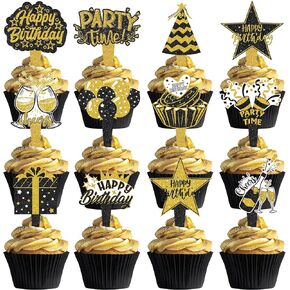 48 PCS Black Gold Cupcake Toppers – Perfect for Black and Gold Party Decorations, Birthday Themes, and Elegant Celebrations
