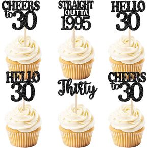 36pcs Happy 30th Birthday Cupcake Topcake Topcake Black Glitter Thirty Outta 1995 Cupcake يختار Hello 30 هتافًا إلى 30 عامًا من زخارف الكيك لعيد الميلاد الثلاثين لزخارف حفلات الذكرى السنوية