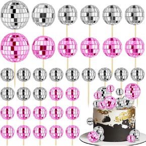 36 PCS Disco Ball Cupcake toppers 1970s Retro Cake Decorations Shiny Mini Disco Ball Picks for Disco Theme Party Dessert Birthday Decorations Ornament
