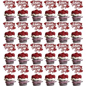 40PCS Valentines Day Cupcake Toppers Decorations, Red Glitter Happy Valentines Day Cupcake Toppers for Valentine's Day Decoration Wedding Engagement Party Decoration, Valentines Day Party Decorations