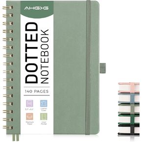 AHGXG Bullet Dotted Journal Spiral Notebook, Hardcover Leather Dotted Notebook 140 Pages, A5 Dot Grid Paper Notebook, 100 gsm Thick Paper, for Bullet Journaling, 5.7" x 8.3", Sage Green