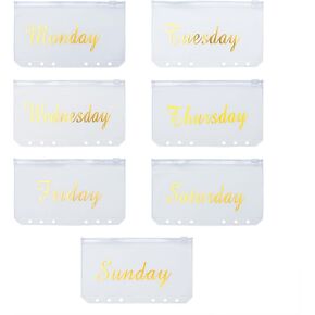 A6 Binder Pockets 7 Zipper Cash Envelopes Gold Weekly Budget Envelope Frosted PVC Binder Pouches Folders for 6 Rings Budget Planner Inserts Binders Accessories Bill Money Organizer(Gold Word)