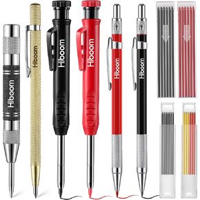 Hiboom Mechanical Carpenter Pencils Set with Solid Carpenter Pencils, Deep Hole Woodworking Pencils with Sharpener & Refills, Automatic Center Punch, Carbide Scribe Tool for Architect Construction