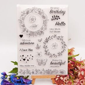 Flower Wreath Lace Clear Stamps Silicone Stamp Cards with Sentiments,Garland Greeting Words Pattern Transparent Seal Stamps for Holiday Card Making Decoration and DIY Scrapbooking Album DIY Crafts
