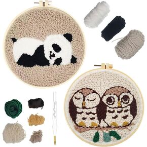 Hand U Journey 2 PCS Punch Needle Starter Kit | Animal Rug Hooking Beginner Kit, with an Adjustable Embroidery Pen and 8.6'' Hoop for Kids Adults Craft Gift-Panda & Owls