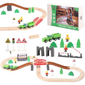 Asweets Wooden Train Set for Toddler,42 Pcs with Wooden Train Track Fits Thomas,Brio,Melissa and Doug Changeable Expandable Train Toy for 3 4 5 Years Old Boys and Girls