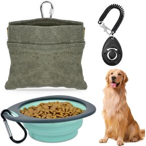 CONLI Dog Treat Pouch Set Portable Dog Training Treat Pouch with Folding Bowl and Training Clicker, Auto Closing Pet Snack Reward Pocket Treat Pouches for Pet Training Walking