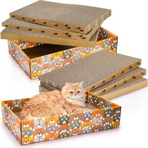 Set of 2 Cardboard Cat Scratchers, 6 Pcs Corrugated Cat Scratch Pad with 2 Boxes, Cute Reversible Kitty Sofa Bed, Refillable Wave Shaped Lounge, Interactive Kitten Toy for Indoor Cats