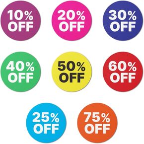 Percentage Off Labels (1 inch, Round, Assorted Colors - 320 Labels) Circle Dot 10 to 75 Percentage Off Stickers for Sales Events - Easy to Peel