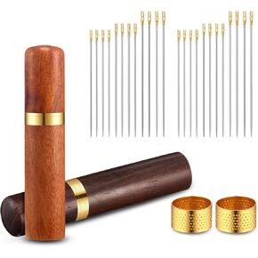 2 Pieces Wooden Needle Case Sewing Needles Holder Storage Box 24 Pieces Sewing Needles Gold Tail Needles Self Threading Needles 2 Pieces Copper Sewing Thimbles for Stitching Hand Crafts Knitting