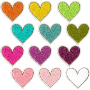 12Pcs Heart Iron On Patches Chenille Iron On Patches Cute Iron Patches for Clothing Colorful Embroidery Patch Mini Iron On Patches for Clothes Jackets Jeans Hats Bags