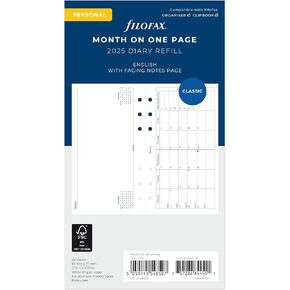 Filofax Calendar Diary Refill, Personal/Compact Size, Month on One Page with Notes, Horizontal, White Paper, English, 2025 (C68405-25)