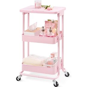 TOOLF 3 Tier Metal Rolling Storage Cart with Table Top, Lash Cart Organizer with Wheels, Pink Esthetician Cart for Spa Pedicure Nail Craft Supplies, Utility Cart for Bathroom Kitchen Laundry Bedside