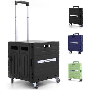 Folding Utility Cart Black Portable Rolling Crate Handcart Foldable Shopping Trolley Collapsible, with Lid, on Wheels, for Grocery, Garden, Office, Storage, Teacher, Tool (Green)