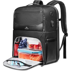 Matein Lunch Backpack for Men Work ، حزمة خلفية محمولة كبيرة بحجم 17 بوصة مع منفذ USB ، حقيبة ظهر معزولة مقاومة للماء PU مع مقصورة باردة وجيب أدوات المائدة ، حقيبة ركاب لأعمال المكاتب