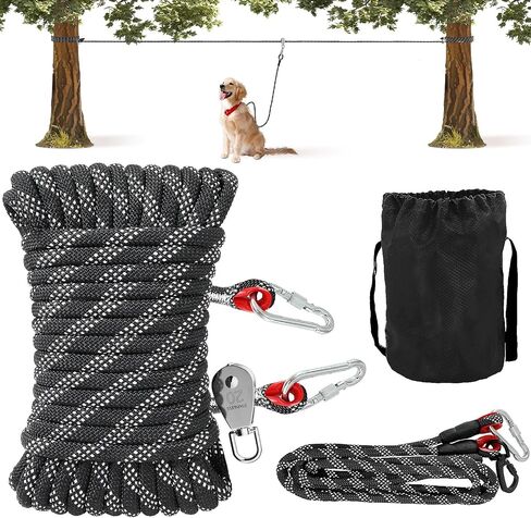 Dog Tie Out Cable for Camping - 50 Ft Dog Trolley System Runner Cable with 10FT Dog Run Leash,Reflective Dog Lead for Yard,Camping,Park,Outdoor Events for Small to Large Dogs up to 200Lbs in Saudi Arabia