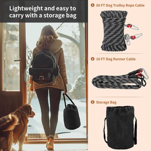 Dog Tie Out Cable for Camping - 50 Ft Dog Trolley System Runner Cable with 10FT Dog Run Leash,Reflective Dog Lead for Yard,Camping,Park,Outdoor Events for Small to Large Dogs up to 200Lbs in Saudi Arabia
