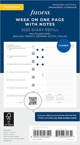 Filofax Calendar Diary Refill, Personal/Compact Size, Week on One Page with Notes, White Paper, Multilingual: Five Languages, 2025 (C68409-25) in Saudi Arabia