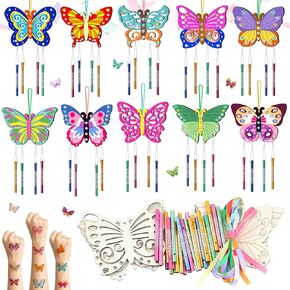 10 Pack Butterfly Wind Chime Kit for Kids Make Your Own Butterfly Wind Chime Wooden Crafts DIY Make a Wind Chime Kit DIY Coloring Butterfly Ornaments for Girls Boys