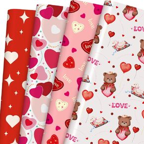 LOADSFUN Valentine's Day Tissue Paper - Colorful Heart and Bear Gift Wrapping Paper for Wedding, Birthday, Anniversary, Gift Packing- 8 Sheets, 27.5 x 19.7 Inch Per Sheet