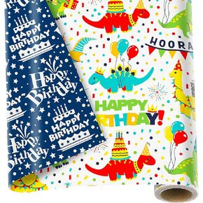 MotiGiftie Reversible Dinosaur Birthday Wrapping Paper Roll for Boys Girls Kids - Colorful Dinosaurs Happy Birthday and Cakes Design - Gift Wrap Paper for Birthday Party, Baby Shower, Holiday
