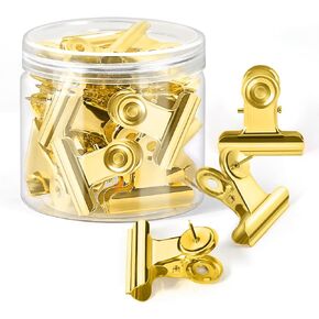 15Pcs Bulldog Clips with Pins Gold Push Pin Clips Heavy Duty Clips with Thumb Tacks for Bulletin Board Cork Board Cubicle Wall for Picture Paper Artwork Crafts at Home School Classroom Office